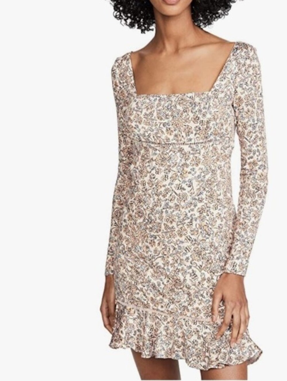 NWT Free People Floral Square-Neck Long Sleeve Mini Dress in Beige and Blush
